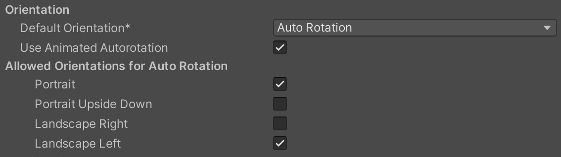 Unity Player Settings, Orientations