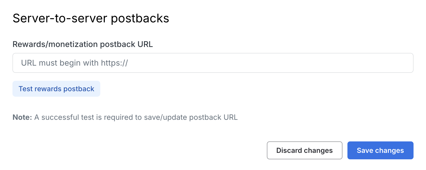Rewards/monetization postback URL field and Test rewards postback button under Server-to-server postbacks in the Publisher Dashboard